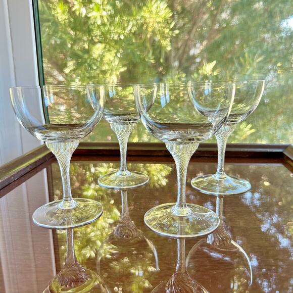 Vintage Twisted Stem Crystal American Cut Roberto Water & Coupe Glasses Set 8 - Picture 11 of 15